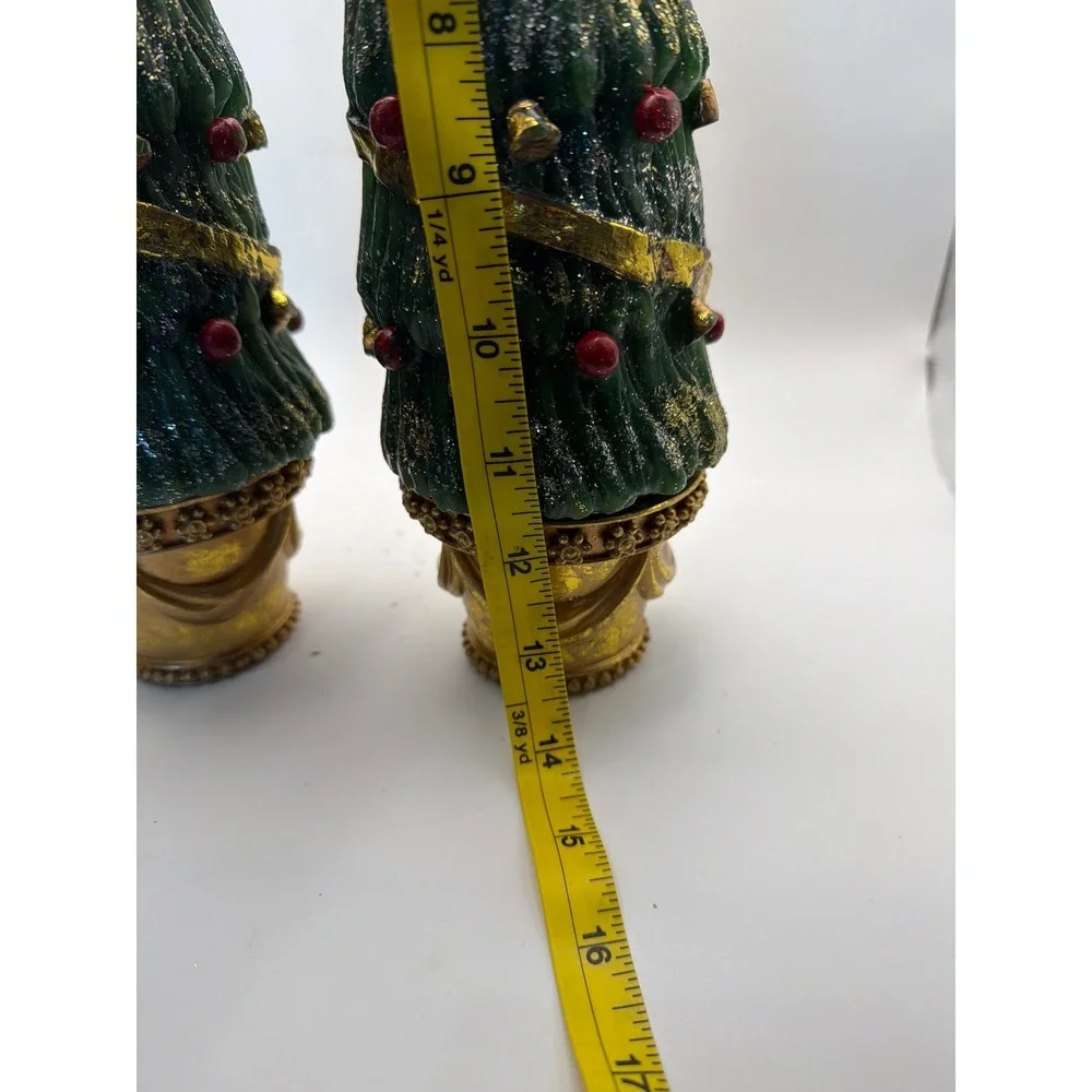 Department 56 Christmas Tree Pillar Candles Gold Base Glitter Set of 2 Green 12